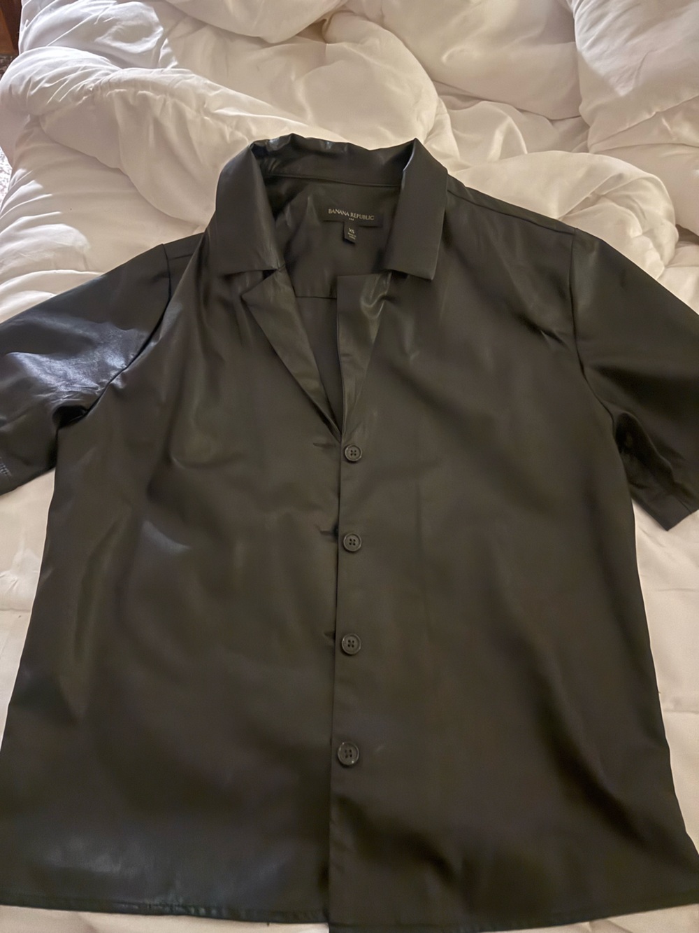 Banana Republic Women Black Faux Leather Short-Sleeve Trench Shirt